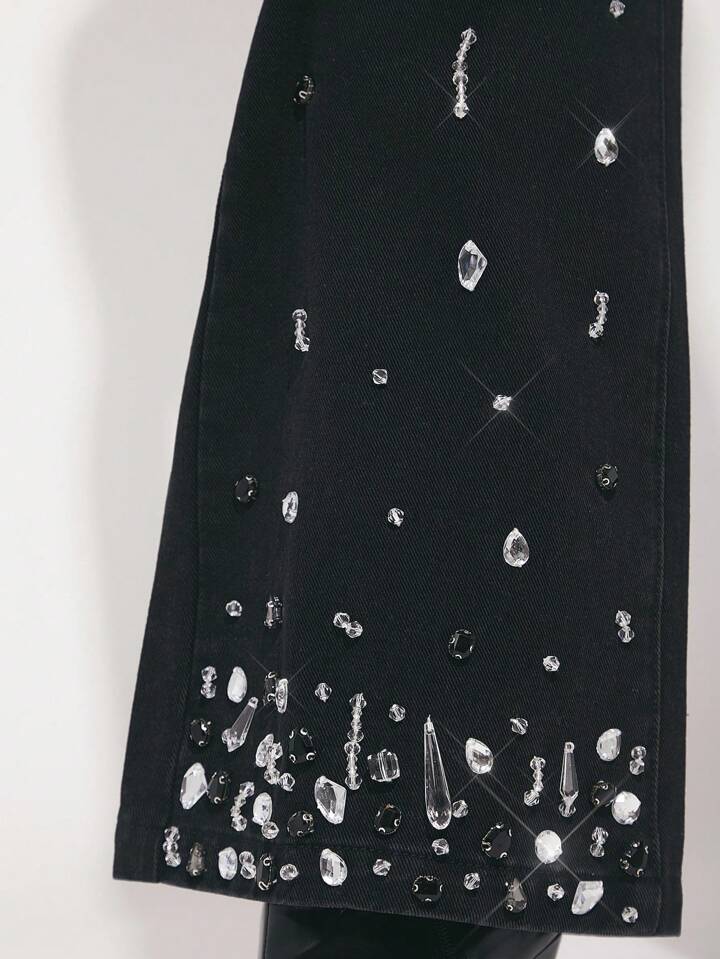 CM-BS765425 Women Casual Seoul Style Rhinestone Decoration Straight Leg Jeans - Black