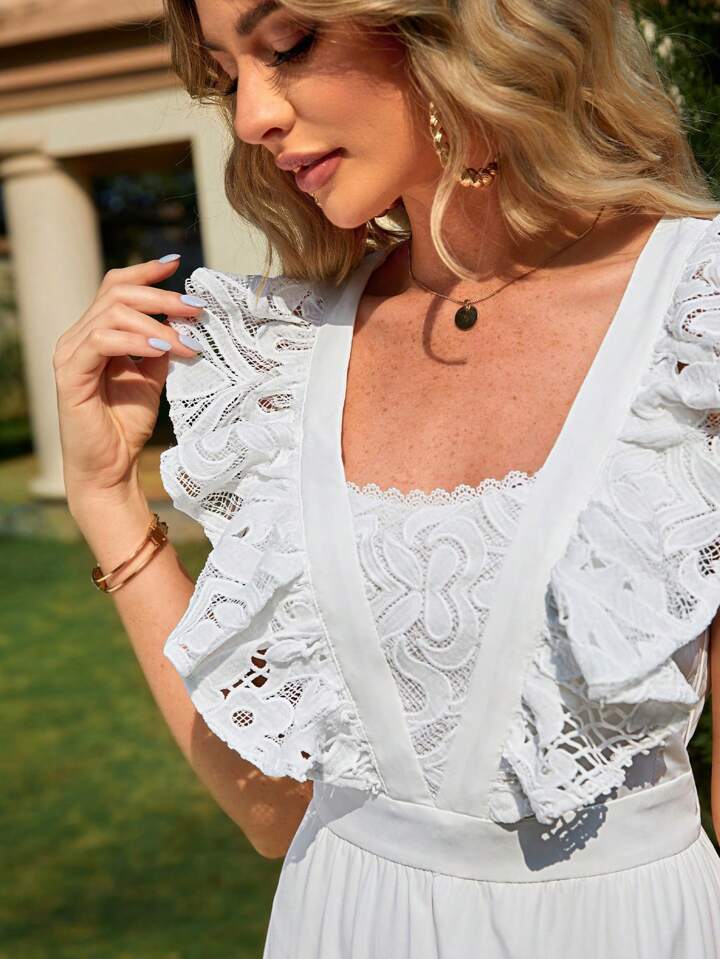 CM-DS973690 Women Elegant Seoul Style Square Neck Mesh Splice Ruffle Hem Dress - White