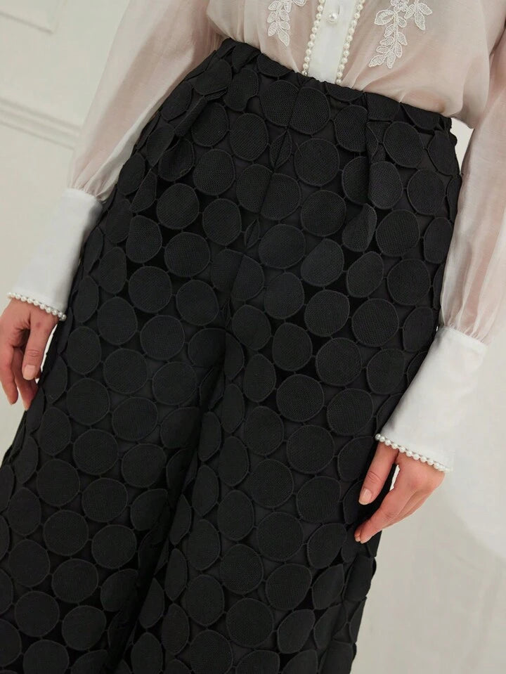 CM-BS035384 Women Trendy Bohemian Style Elastic Waist Lace Straight Leg Trousers - Black