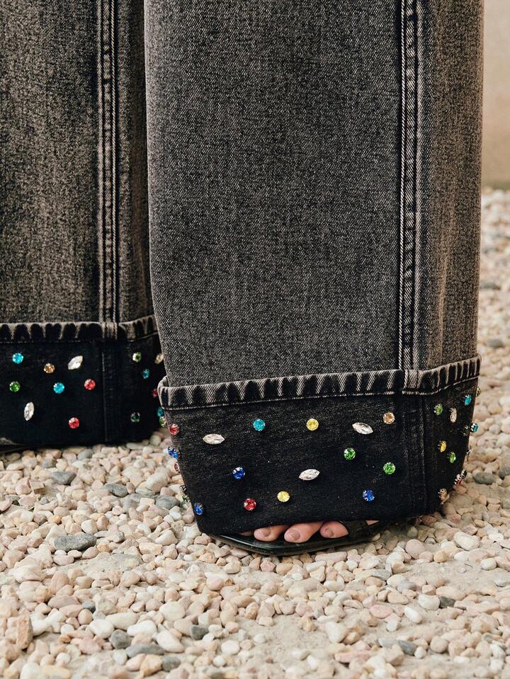 CM-BS269628 Women Elegant Seoul Style High Waist Rhinestone Embellished Loose Leg Wide Leg Jeans - Black