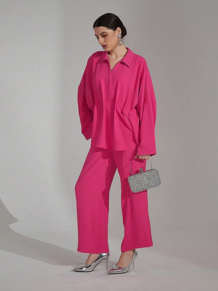 CM-SS842435 Women Casual Seoul Style Crinkled Oversized Shirt With Matching Pants - Set