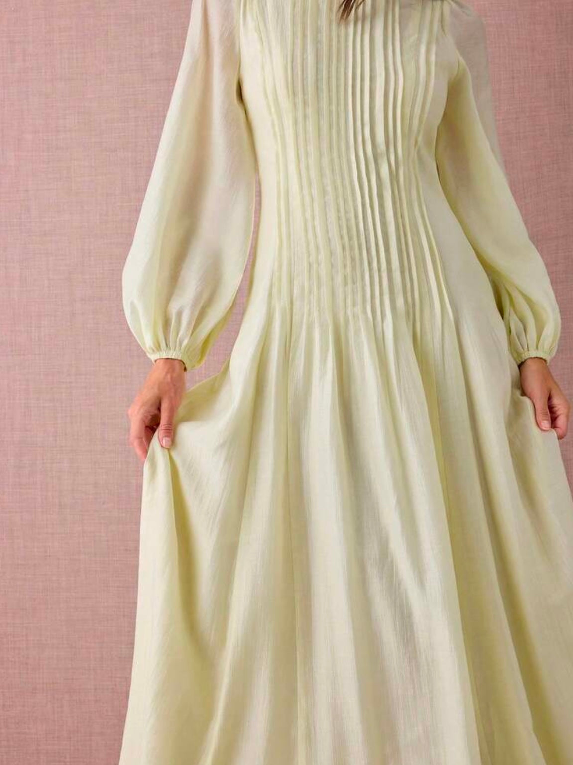 CM-DS915288 Women Elegant Seoul Style Round Neck Lantern Sleeve Pleated Design A-Line Maxi Dress - Yellow