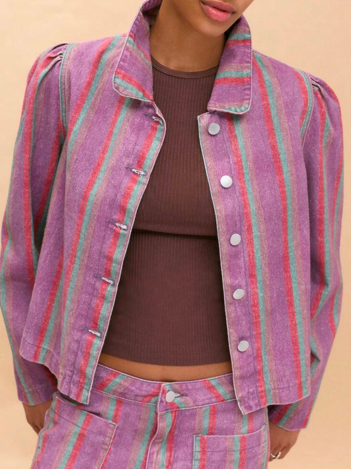 CM-CS651518 Women Elegant Seoul Style Collar Puff Long Sleeve Button Front Striped Jacket