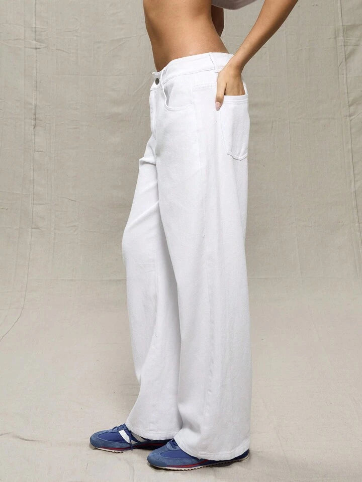 CM-BS966738 Women Casual Seoul Style Slant Pocket Low Rise Wide Leg Jeans - White