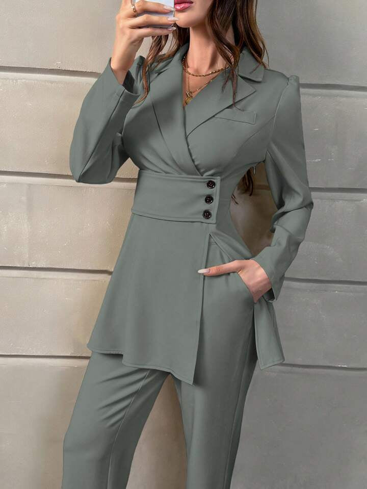 CM-SS347881 Women Elegant Seoul Style V-Neck Blouse With Waist Drawstring Side Slits Tapered Pants - Set
