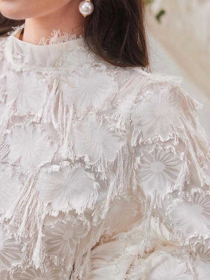 CM-TS384394 Women Elegant Seoul Style Cutout Embroidery Tassel Lantern Sleeve Shirt