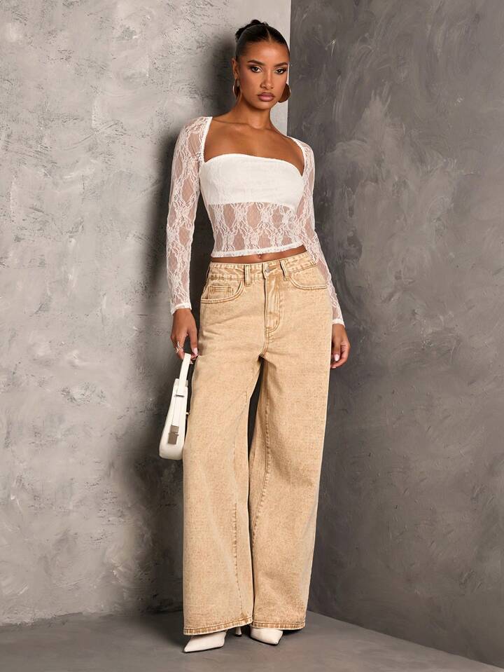 CM-BS594284 Women Casual Seouol Style Extra Long Loose Wide Leg Denim Jeans - Khaki