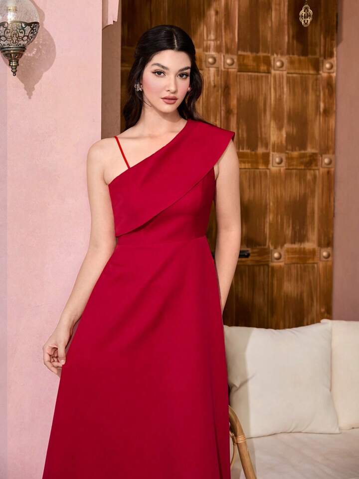 CM-DS313281 Women Elegant Seoul Style Asymmetrical Neckline Sleeveless Dress - Red