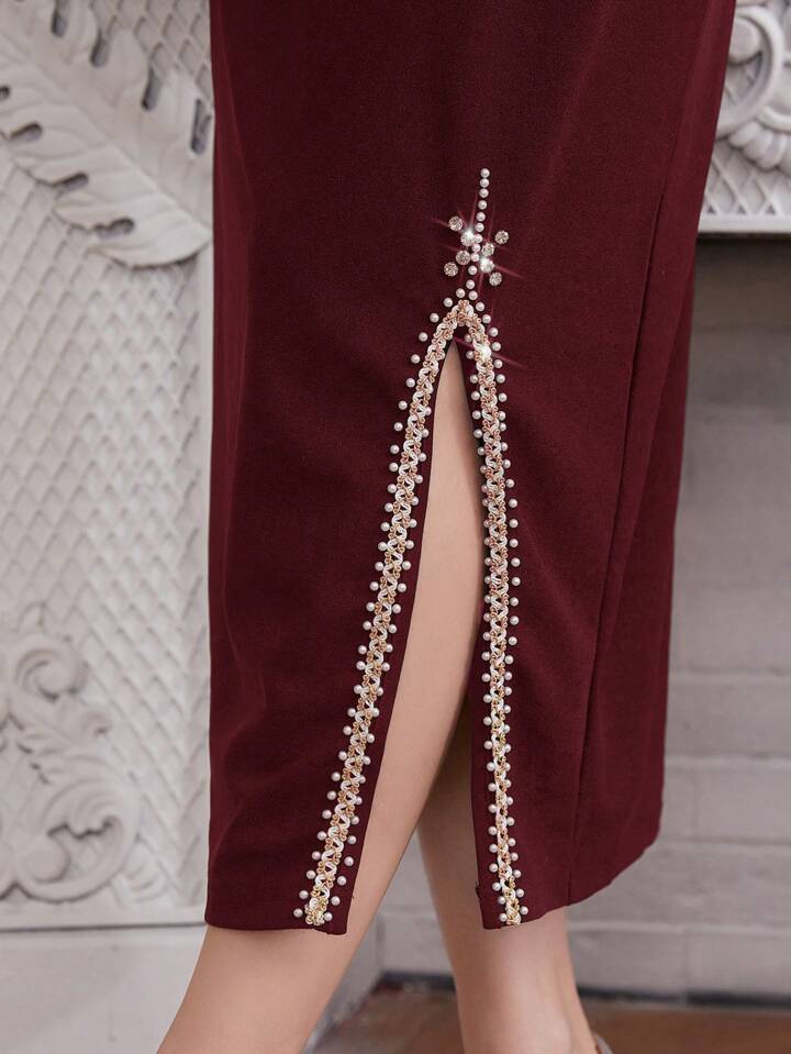 CM-DS510354 Women Elegant Seoul Style Rhinestone Stud Embellished Split Hem Maxi Dress