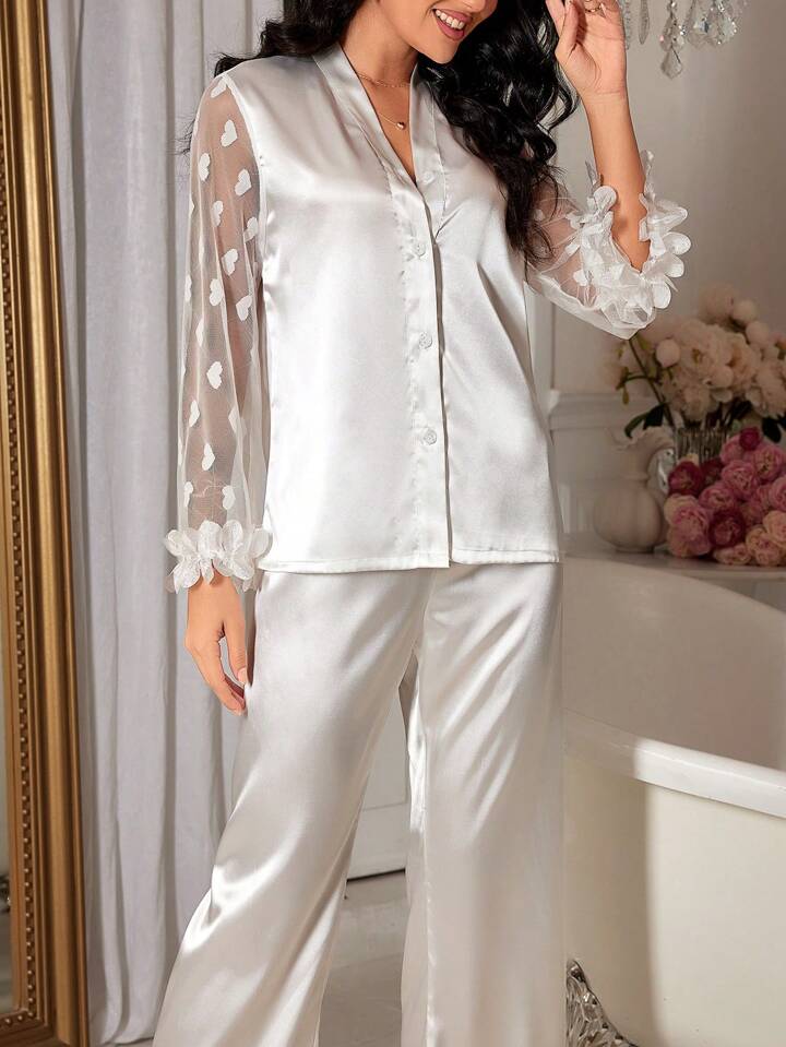 CM-LS378641 Women Trendy Seoul Style 3D Floral Lace Heart Mesh Satin Pajama Set - White