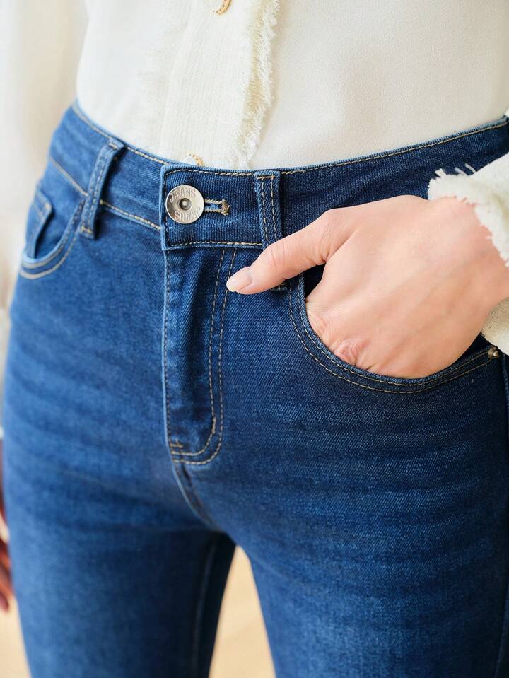 CM-BS661571 Women Elegant Seoul Style Raw Hem Extra Long Flare Leg Jeans - Blue