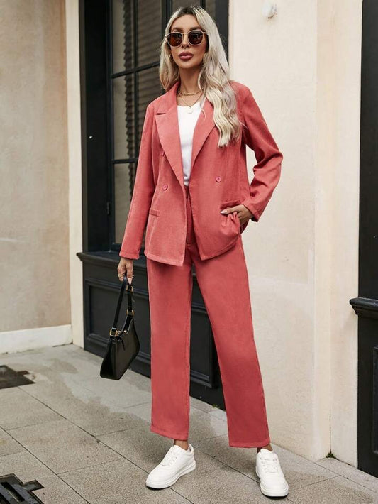 CM-SS691681 Women Elegant Seoul Style Double Breasted Long Sleeve Blazer With Pants Suit - Rusty Rose