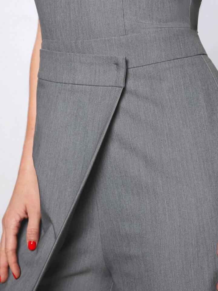 CM-JS548483 Women Elegant Seoul Style Tube High Waist Wrap Wide Leg Jumpsuit - Gray