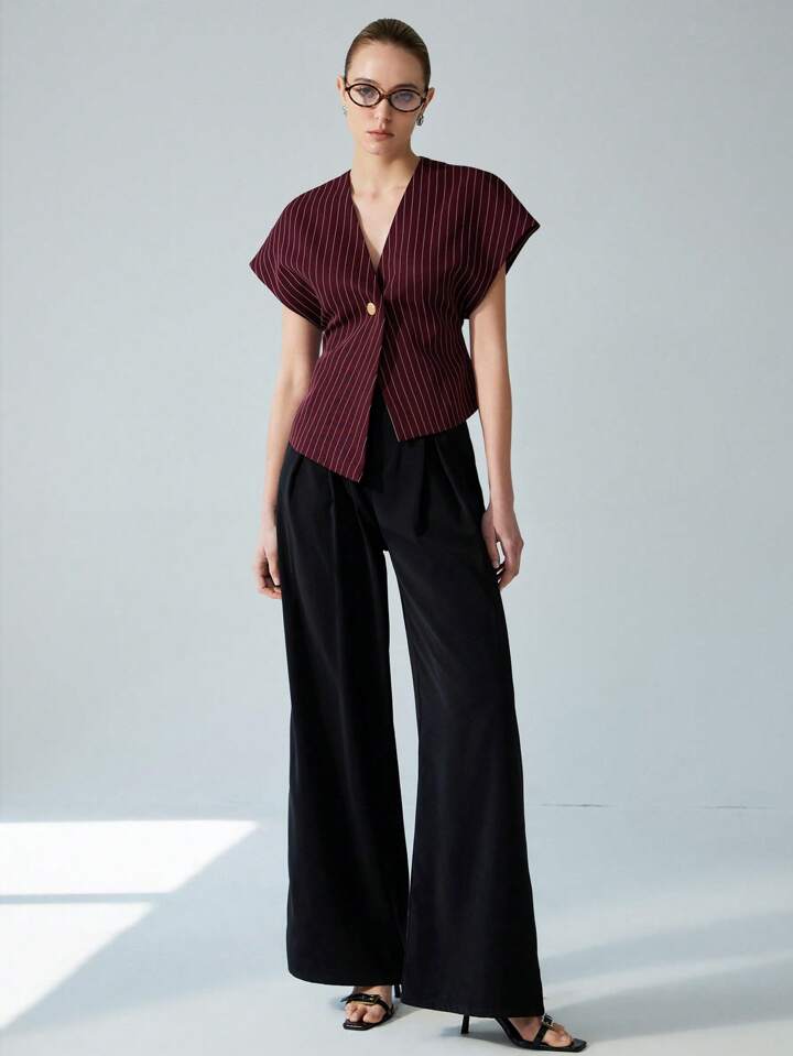 CM-TS166179 Women Casual Seoul Style V-Neck Open Front Asymmetrical Hemline Sleeveless Blouse