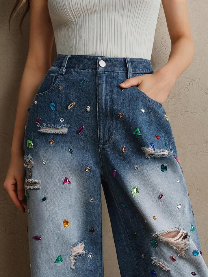 CM-BS244960 Women Elegant Seoul Style Dark Wash Distressed Colored Rhinestone Embellished Jeans