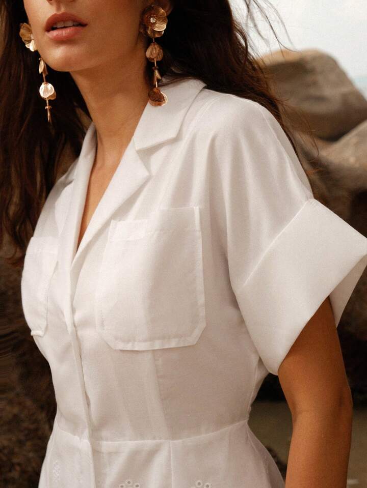 CM-DS931293 Women Trendy Bohemian Style Collar Neckline Embroidered Short-Sleeved Dress - White