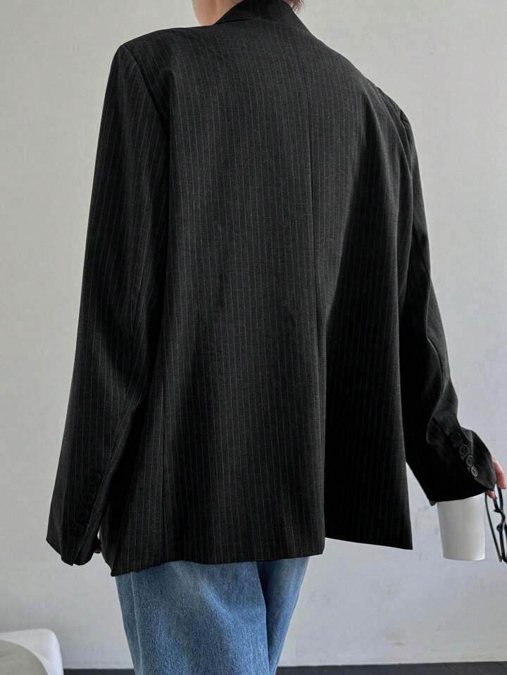 CM-CS966110 Women Elegant Seoul Style Striped Lapel Neckline Long Sleeve Suit Jacket - Black