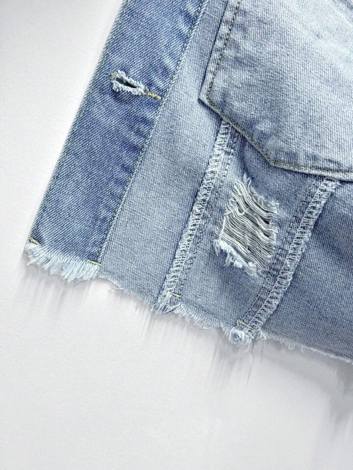 CM-CS117347 Women Casual Seoul Style Dark Wash Cut-Off Distressed Edges Denim Jacket
