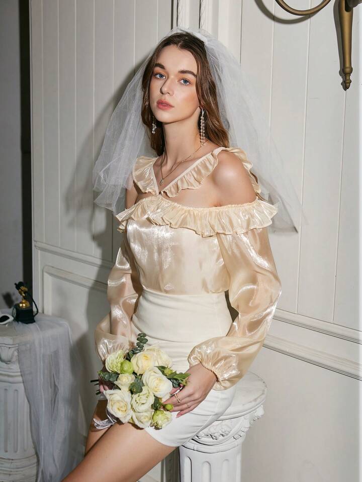 CM-TS728271 Women Elegant Seoul Style Cold Shoulder Lantern Sleeve Ruffle Trim Blouse - Apricot
