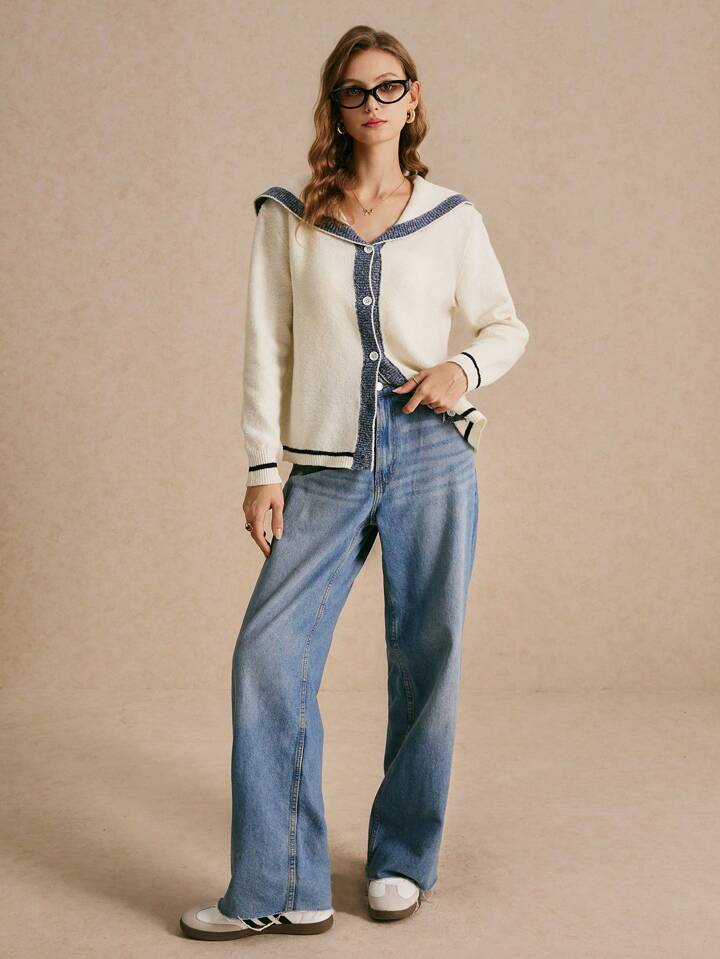 CM-CS030633 Women Casual Seoul Style Sailor Collar Colorblock Knitted Long Sleeve Cardigan