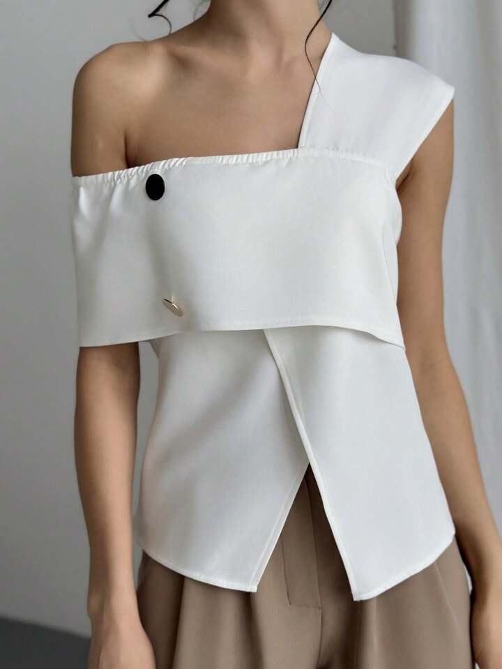 CM-TS624299 Women Casual Seoul Style Asymmetrical Neckline Metal Button Decorated Blouse