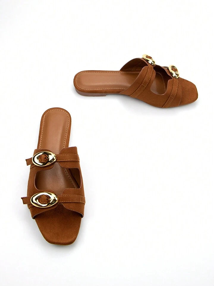 CM-SHS982946 Women Trendy Seoul Style Suede Square Toe Golden Buckle Decor Flat Mules With Adjustable Strap - Brown