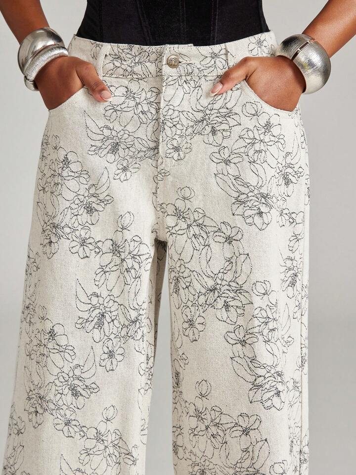 CM-BS532226 Women Casual Seoul Style High Waist Jacquard Floral Print Wide-Leg Jeans