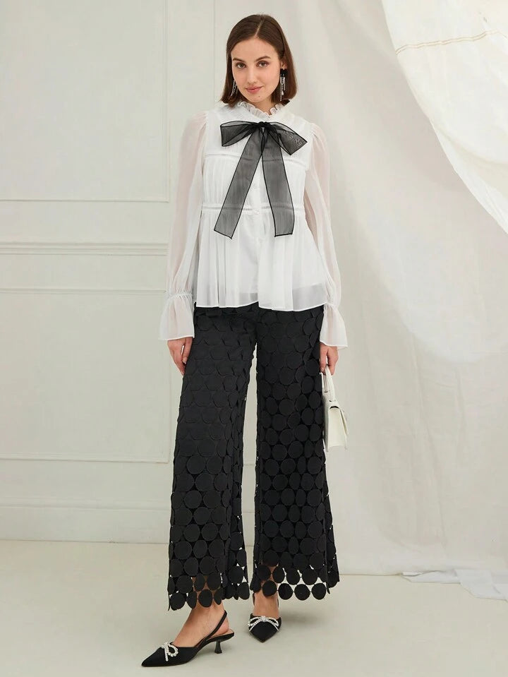 CM-TS652588 Women Elegant Seoul Style Ruffled Collar Flared Sleeve Bow Decor Blouse - White