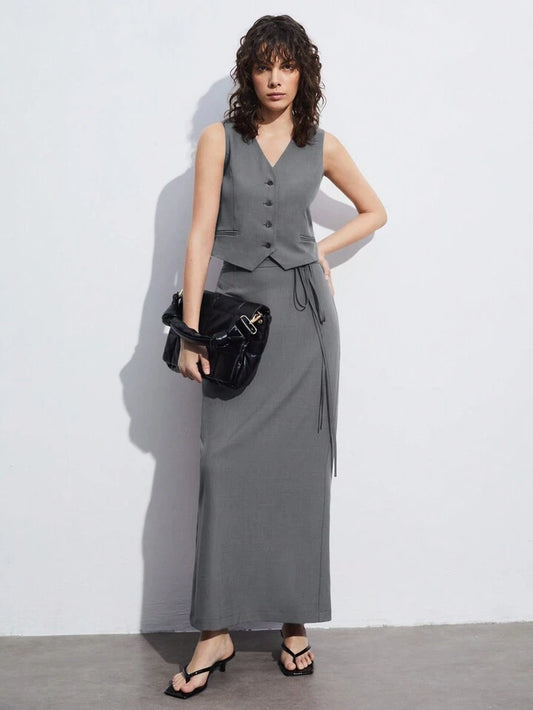 CM-SS116177 Women Elegant Seoul Style V-Neck Single-Breasted Suit Vest With Skirt Suit - Light Gray