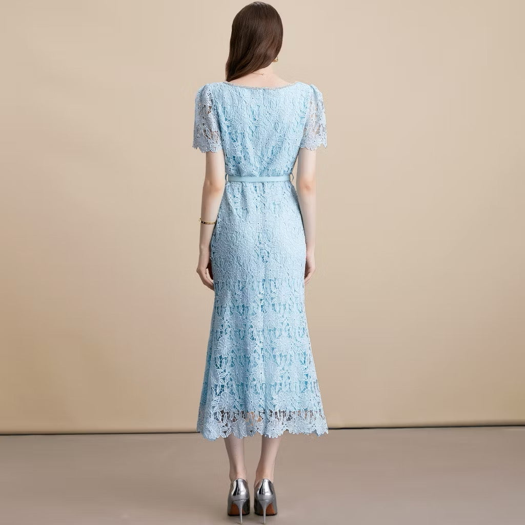 CM-DY054108 Women Elegant European Style Square Collar Short Sleeve High Waist Belted Midi Dress - Blue