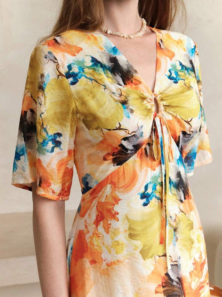CM-DS272968 Women Casual Seoul Style Tie-Dye Deep V-Neck Flounce Sleeve Waist-Cinching Slim Dress - Yellow