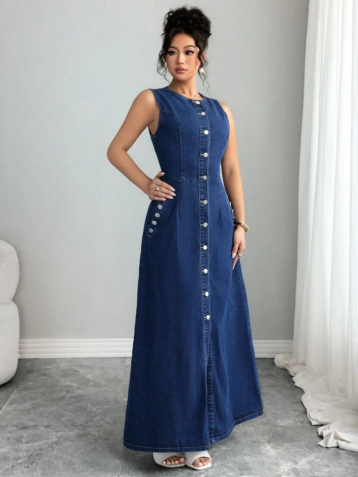 CM-DS817222 Women Elegant Seoul Style Minimalist Round Neck Sleeveless Button-Down Denim Dress - Blue