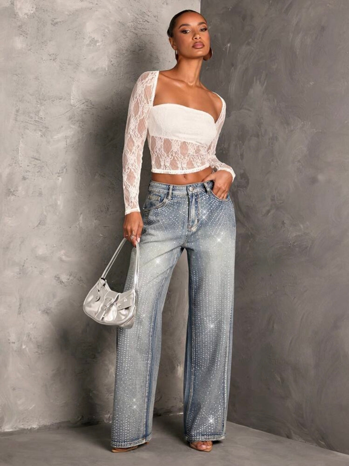 CM-BS422718 Women Elegant Seoul Style Rhinestone Embellished Straight Leg Jeans - Blue