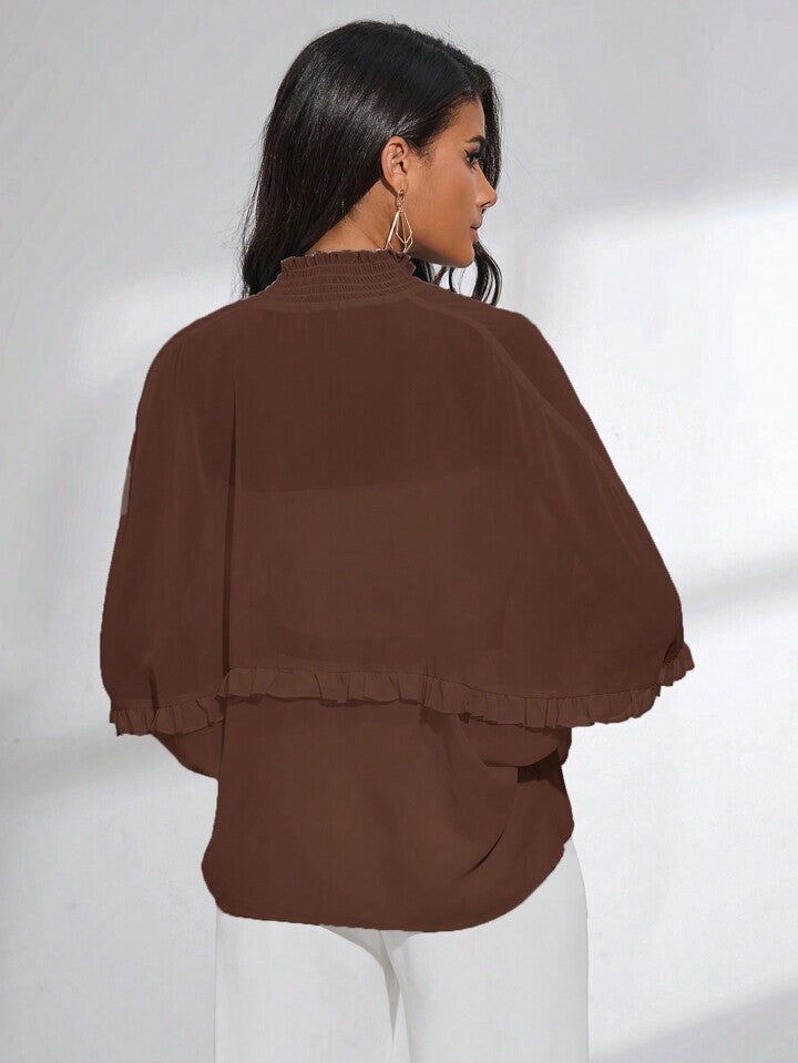 CM-TS440441 Women Trendy Bohemian Style Shirred Neck Batwing Sleeve Sheer Blouse - Brown