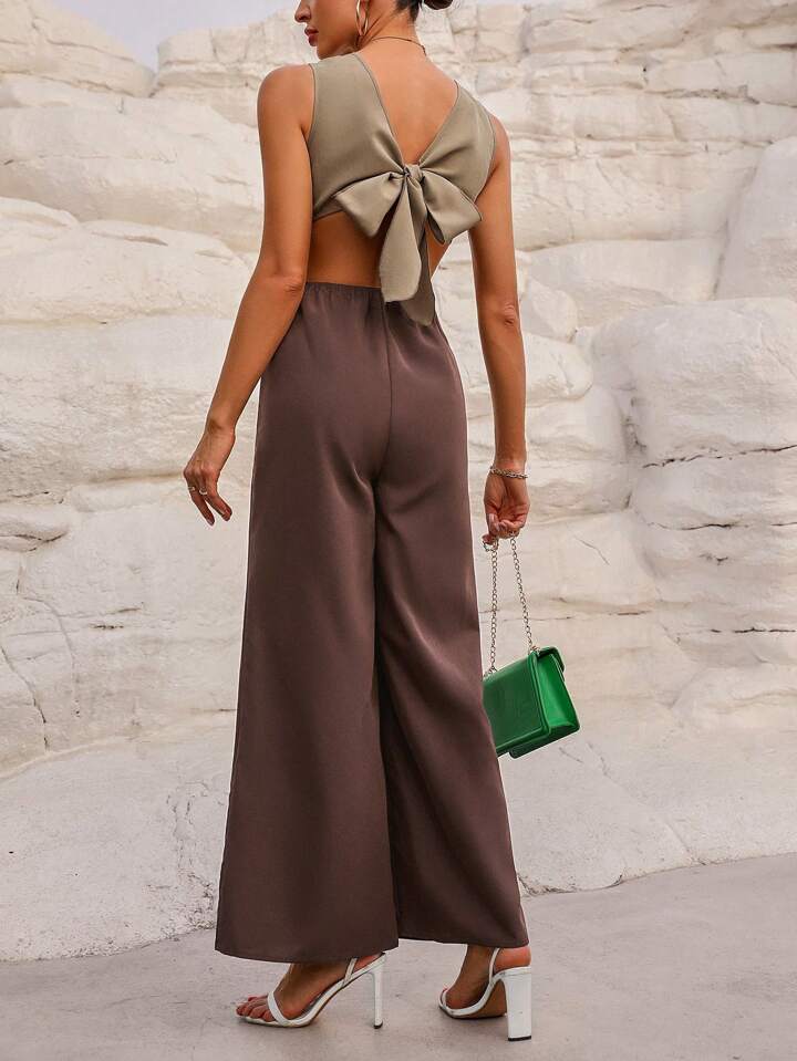 CM-JS820189 Women Casual Seoul Style Hollow Out Tie Back Colorblock Sleeveless Jumpsuit