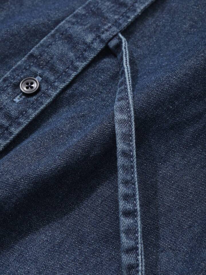CM-TS761716 Women Casual Seoul Style Solid Color Tie Loose Lapel Long Sleeve Denim Jacket - Blue