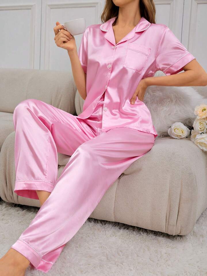 CM-LS336745 Women Trendy Seoul Style Color Block Turn-Down Collar Short Sleeve Shirt With Pants Pajama Set