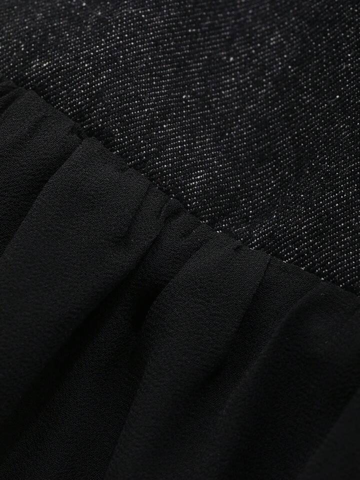 CM-DS140723 Women Casual Seoul Style Dark Wash Scoop Neck Sleeveless Mesh Patchwork Long Denim Dress