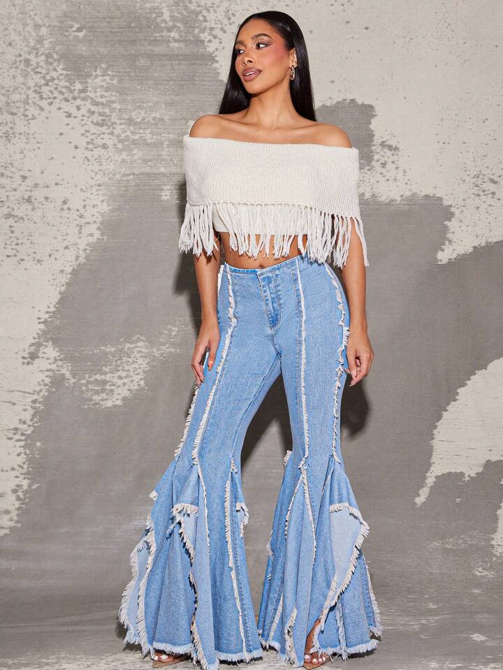 CM-BS396099 Women Casual Seoul Style Light Wash Seamed Raw Edge Fringe Flare Hem Stretch Denim Jeans