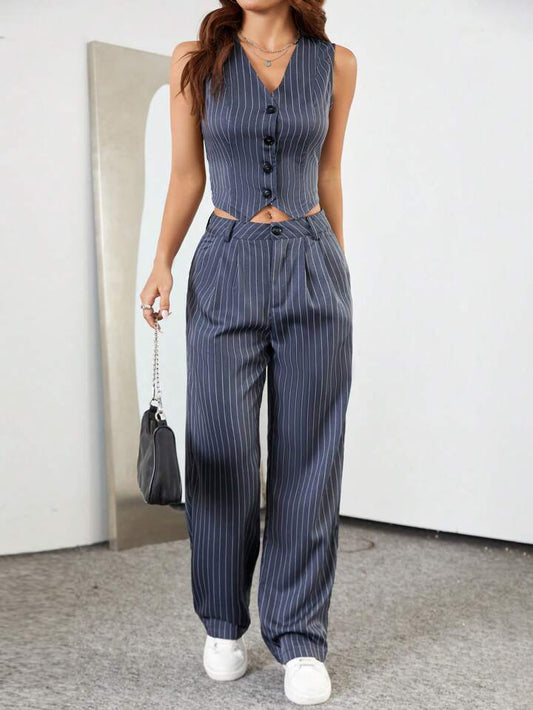 CM-SS113852 Women Casual Seoul Style Stripe Single-Breasted Suit Vest With Pleated Tapered Pants Suit - Light Gray