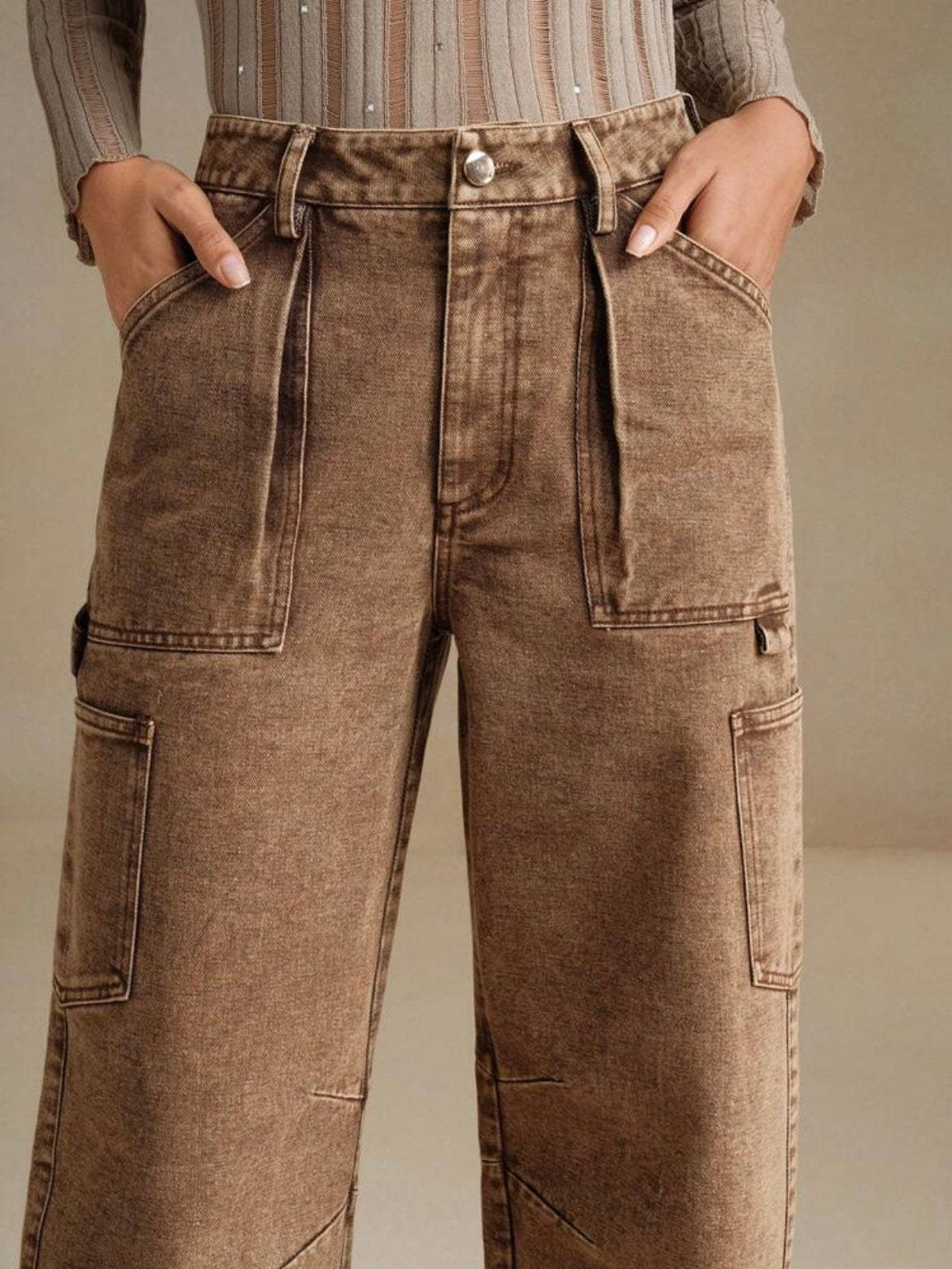 CM-BS336480 Women Casual Seoul Style Pocket Relaxed Straight Leg Denim Jeans - Brown