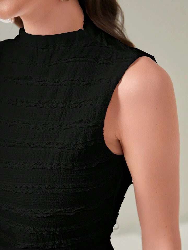 CM-DS201110 Women Casual Seoul Style Solid Color Stand Collar Sleeveless Midi Dress - Black