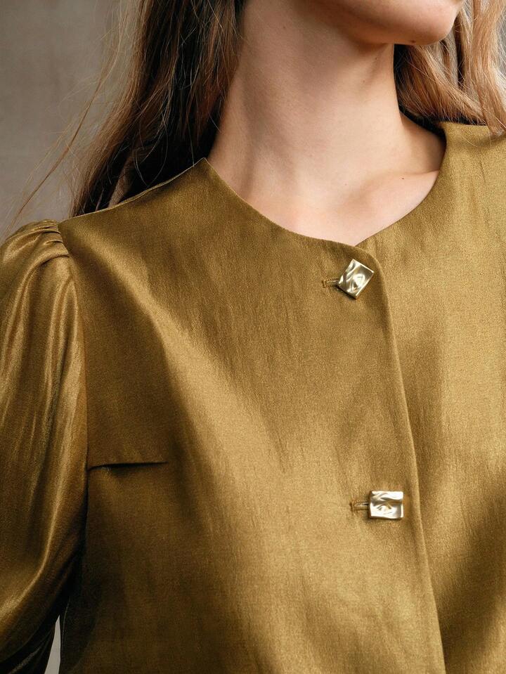 CM-TS487747 Women Elegant Seoul Style Round Neck Extra Long Puff Sleeve Button Front Shirt - Mustard Yellow