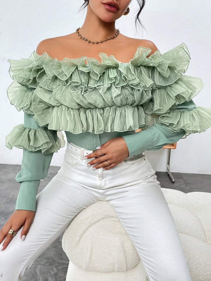CM-TS069589 Women Elegant Seoul Style Off-Shoulder Tiered Ruffle Trimmed Blouse - Dark Green