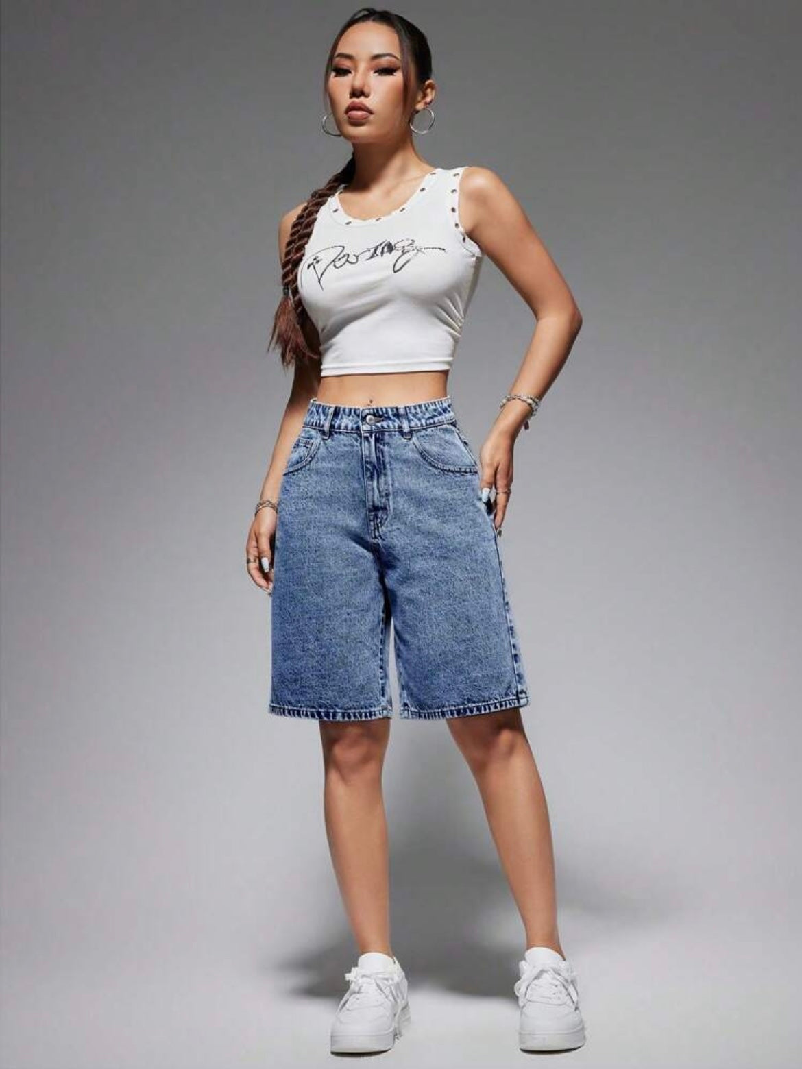 CM-BS948419 Women Casual Seoul Style Medium Wash High Waist Bermuda Denim Shorts