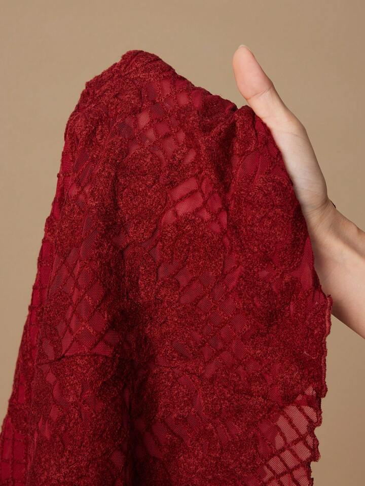 CM-TS428123 Women Elegant Seoul Style Stand Collar Long Sleeve Ruffle Cuff Fitted Crochet Blouse - Red