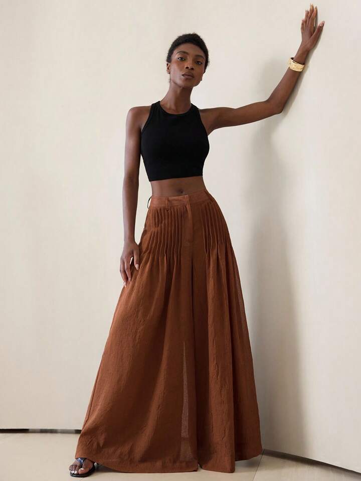 CM-BS194136 Women Casual Seoul Style Mid Elastic Waist Pleated Wide Leg Pants - Brown