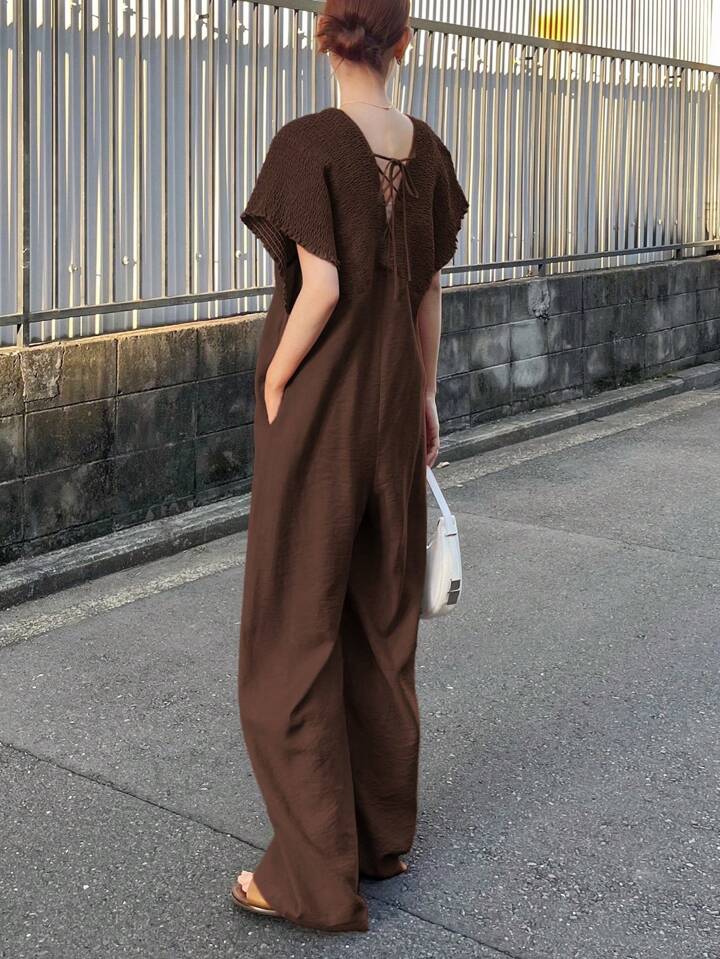 CM-JS662731 Women Trendy Bohemian Style V-Neck With Drawstring Jumpsuit Trousers - Brown