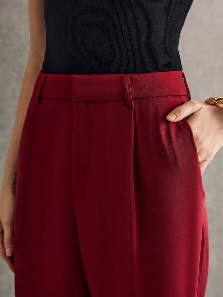 CM-BS561105 Women Elegant Seoul Style Solid Color Flare Leg Pocket Detail Long Pants - Burgundy