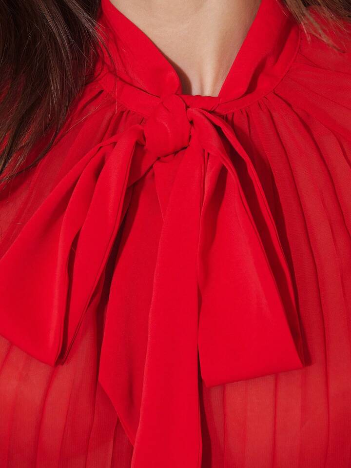CM-TS567656 Women Elegant Seoul Style Solid Color Tie Neck Bow Long Sleeve Sheer Blouse - Red